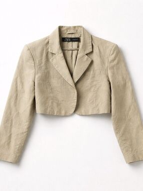 NWOT Zara Cropped Linen-Blend Blazer in Beige- XS